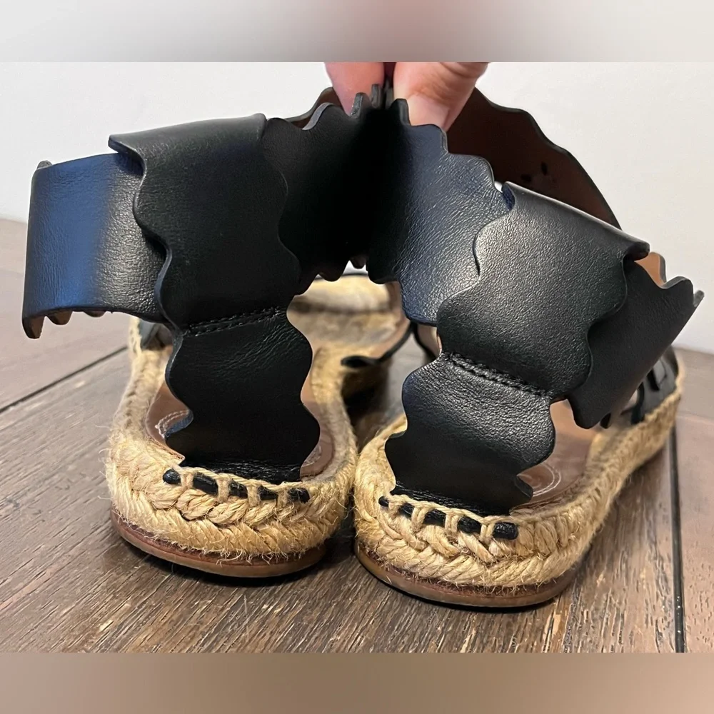 Chloe Lauren Scalloped Black Leather Espadrilles size 37 Women’s size 7 - Picture 9 of 13